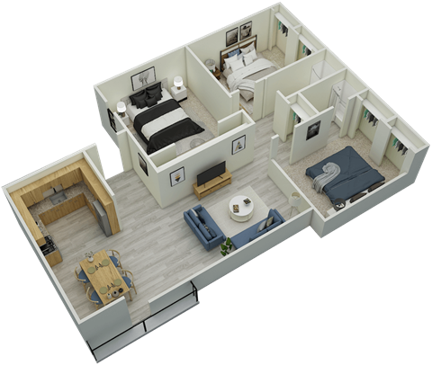 3D 3-bed, 2-bath 1,300 sqft floor plan at Mountainside Apartments in Birmingham, AL